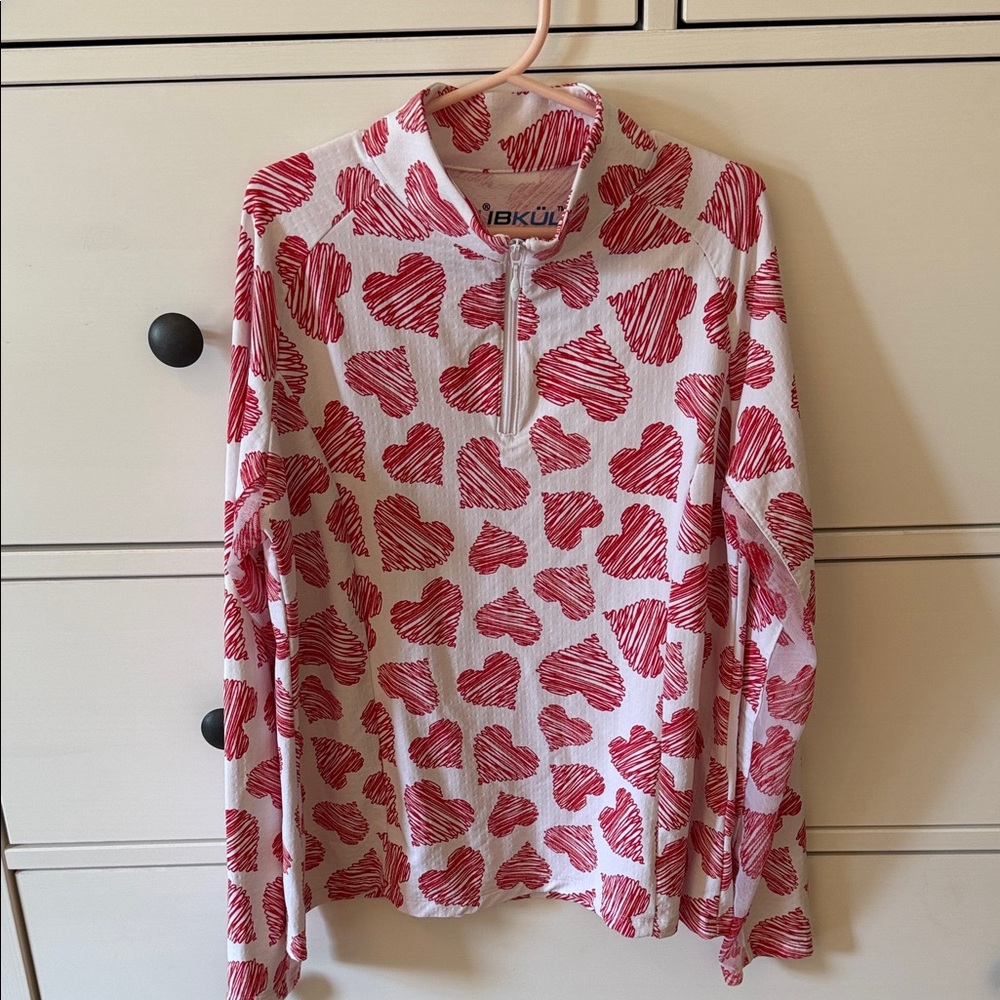 IBKUL Youth Red Heart Print Quarter-Zip Top, size L
